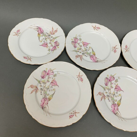 Bohemian Czechoslovakia Salad Plates Floral White Pink Gold Trim Lot of 7 - Picture 2 of 11